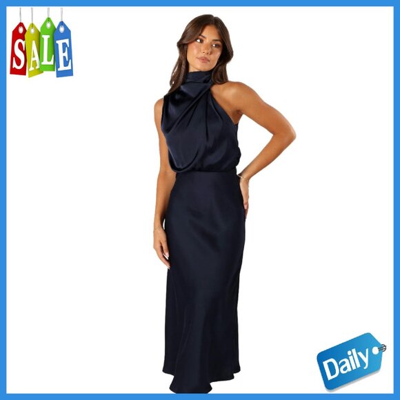 Dresses & Skirts - Sleeveless Halter Midi Dress with Button Back, Satin Feel